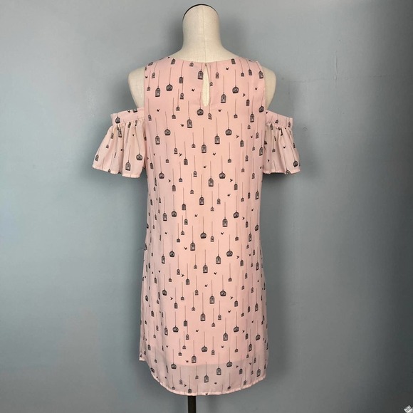 city Streets Bird Cage Pink Cold Shoulder Chiffon Overlay Shift Dress Size 6 - Picture 6 of 11